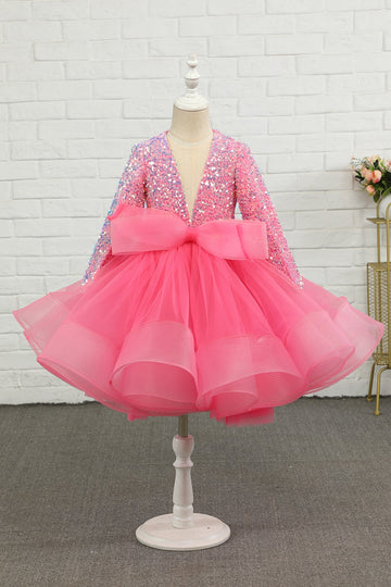 Fuchsia Tulle Lantejoulas Vestido de menina de flor